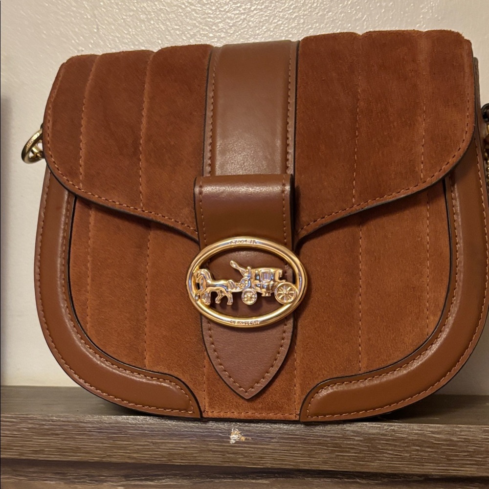 Coach Brown Suede and Leather Crossbody Bag with Gold Detail